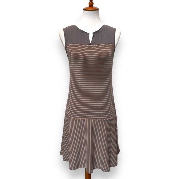 🍀 Lolë Gray Orange Striped Stretch Sleeveless Fit And Flare Dress Size S - Picture 1 of 10